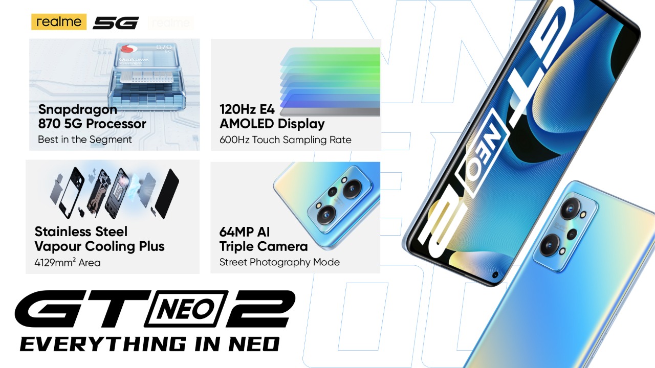 realme تُطلق هاتفGT Neo 2 المزود بمعالج بيانات SD870 5G وشاشة متميزة من طراز E4 AMOLED